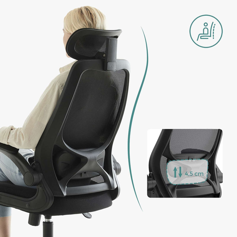 SONGMICS irodai szék, számítógépes szék, ergonomikus szék, állítható kartámasz és fejtámla, billenő funkció, légáteresztő háló, állítható magasságú, fekete