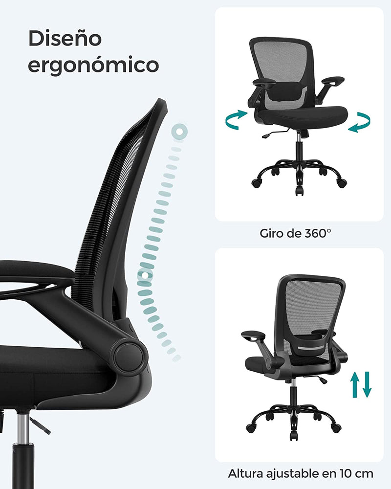 SONGMICS irodai szék, asztali szék, hálós forgószék, ergonomikus számítógép szék, deréktámasz, oszcilláló, ülés 53 cm, összecsukható karfa, fekete