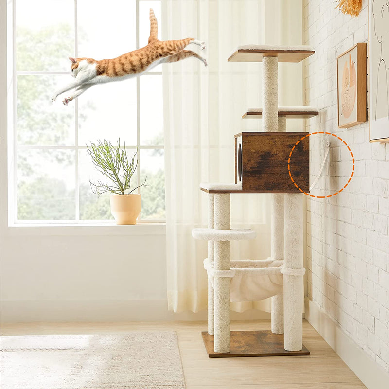 138 cm-es macska kaparófa, modern többszintes macskabútorok, szizál oszlopok, függőágy-állványok mosható puha párnákkal, vintage barna, 55 x 45 x 138 cm, FEANDREA