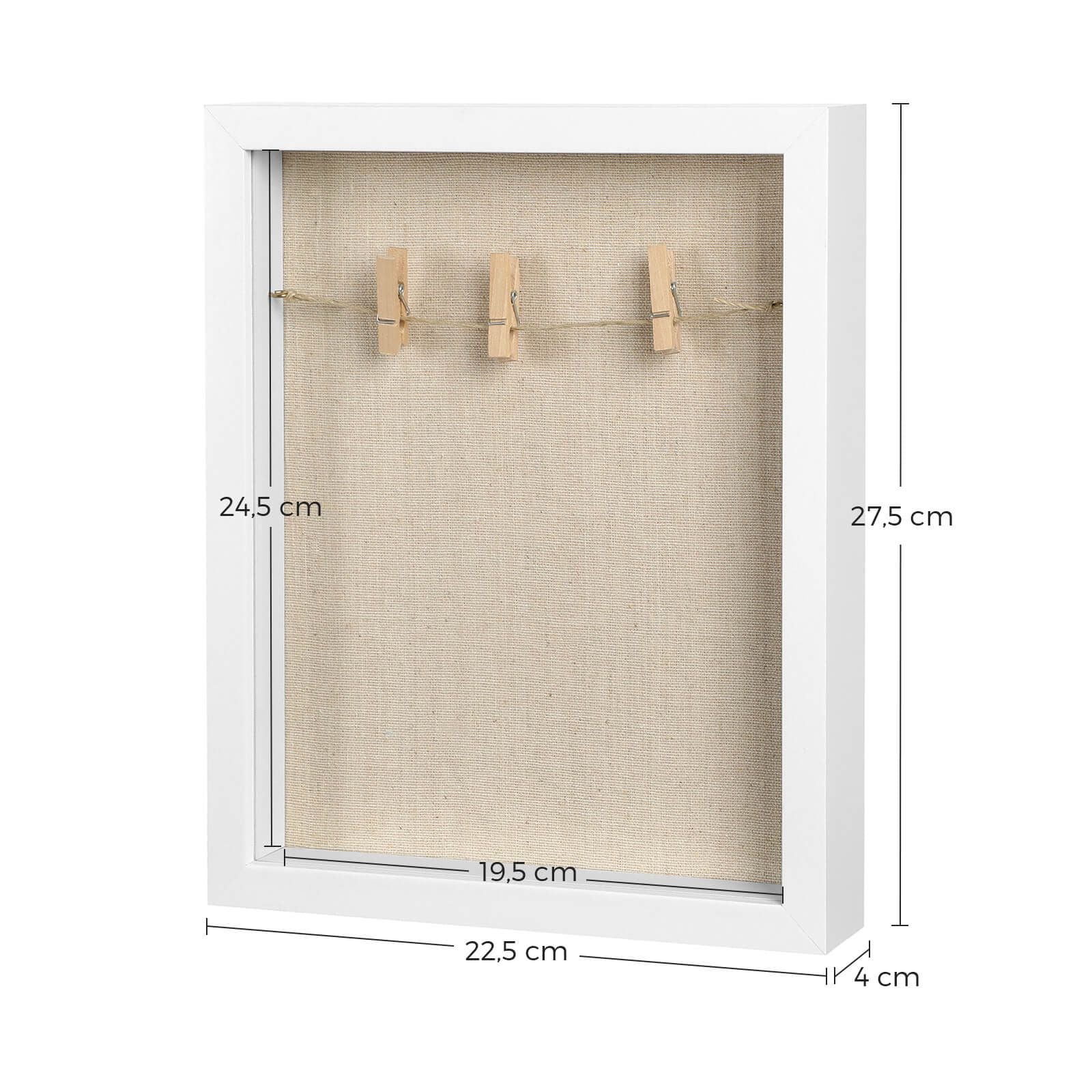 SONGMICS Képkeret, Képkeret Zsinórral, Csipeszes képkeret, Saját Készítésű Alkotásokhoz, Len Vászon Hátlappal, Üveg Előlappal és MDF Kerettel, Fehér színben,