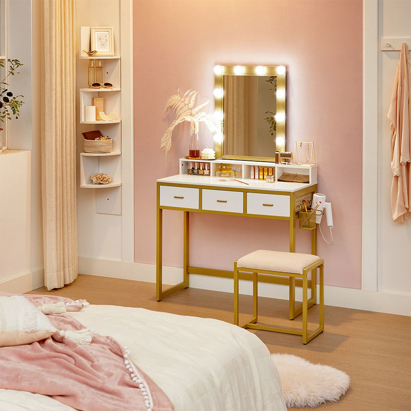 VASAGLE Sminkasztal Hokedlivel, Sminkasztal 10 LED Fényforrással Tükrével, Állítható Fényerővel, Modern Hálószoba Sminkasztal Fehér Arany
