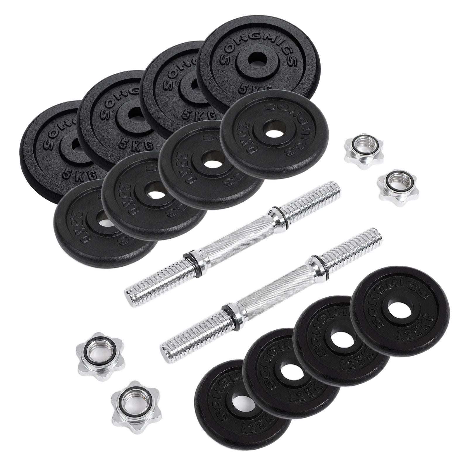 SONGMICS szett 2 db öntöttvas súlyzó, 2 x 20 kg-os súlytányérok, Férfi, Női edzéshez állítható, Acél markolat, Fitness edzés, Súlyemelés, Otthoni edzés, Fekete