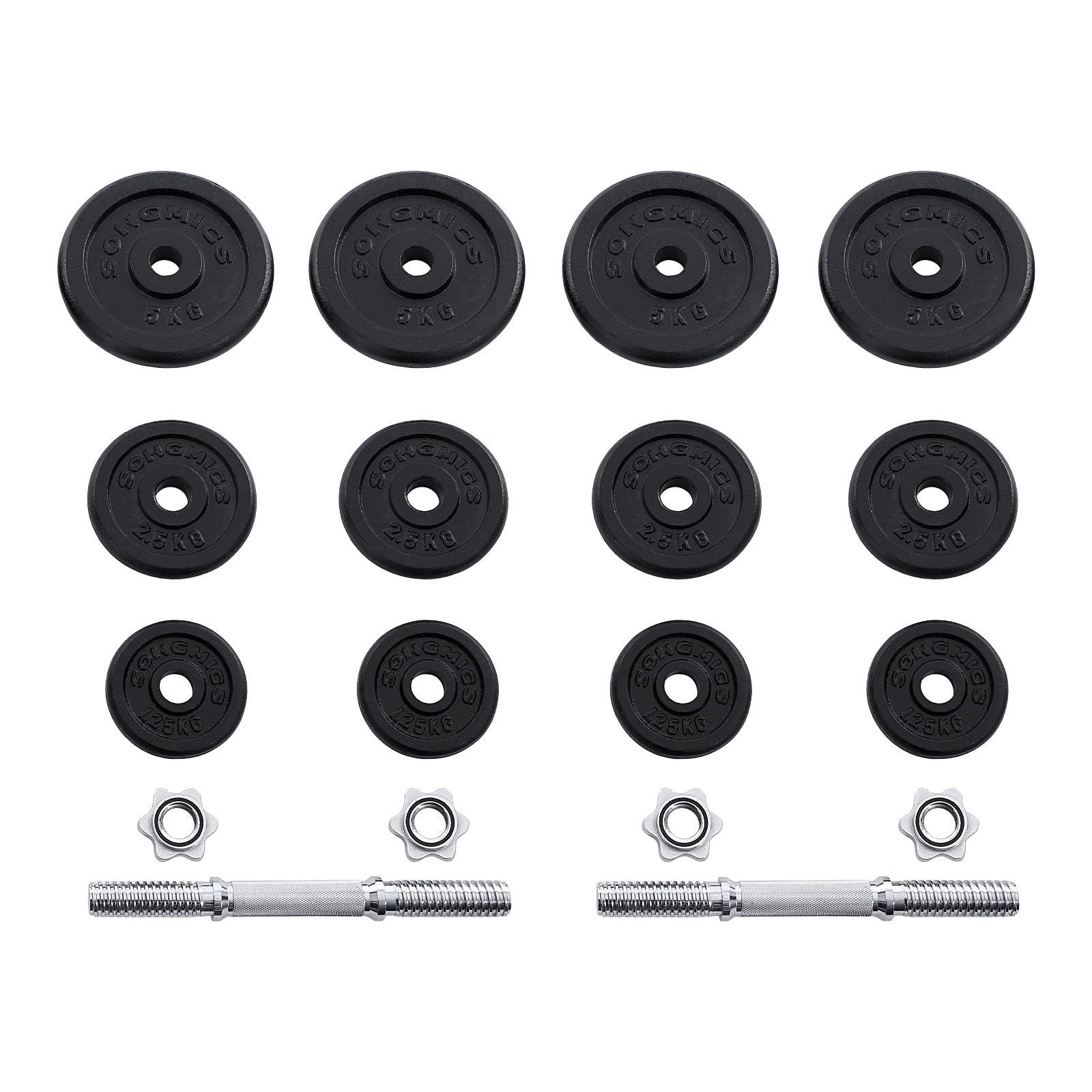 SONGMICS szett 2 db öntöttvas súlyzó, 2 x 20 kg-os súlytányérok, Férfi, Női edzéshez állítható, Acél markolat, Fitness edzés, Súlyemelés, Otthoni edzés, Fekete