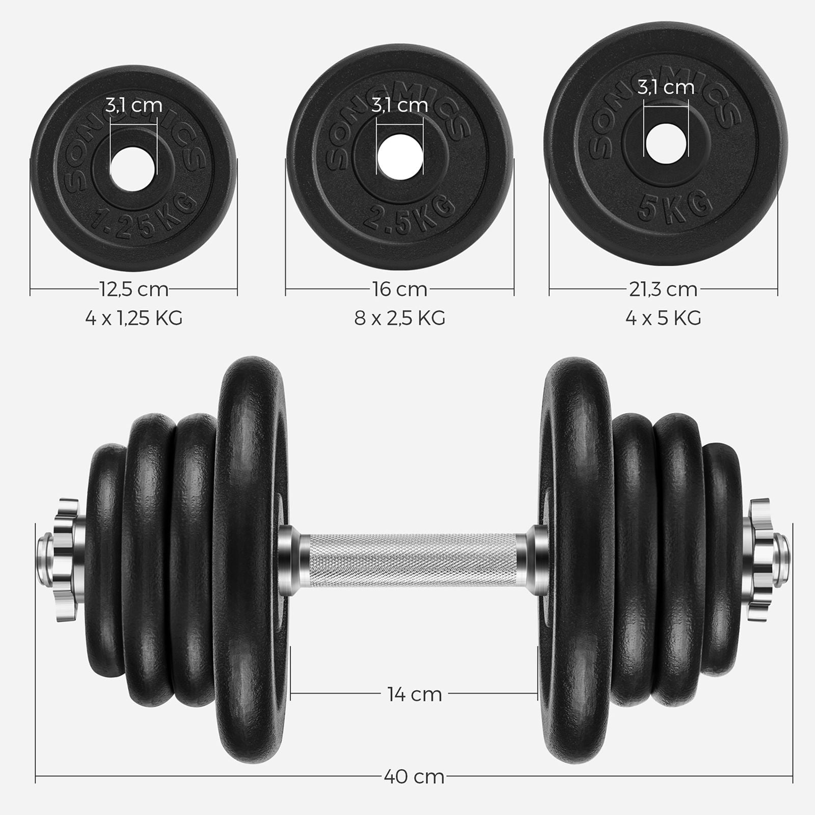 SONGMICS szett 2 db öntöttvas súlyzó, 2 x 25 kg-os súlytányérok, Férfi, Női edzéshez állítható, Acél markolat, Fitness edzés, Súlyemelés, Otthoni edzés, Fekete