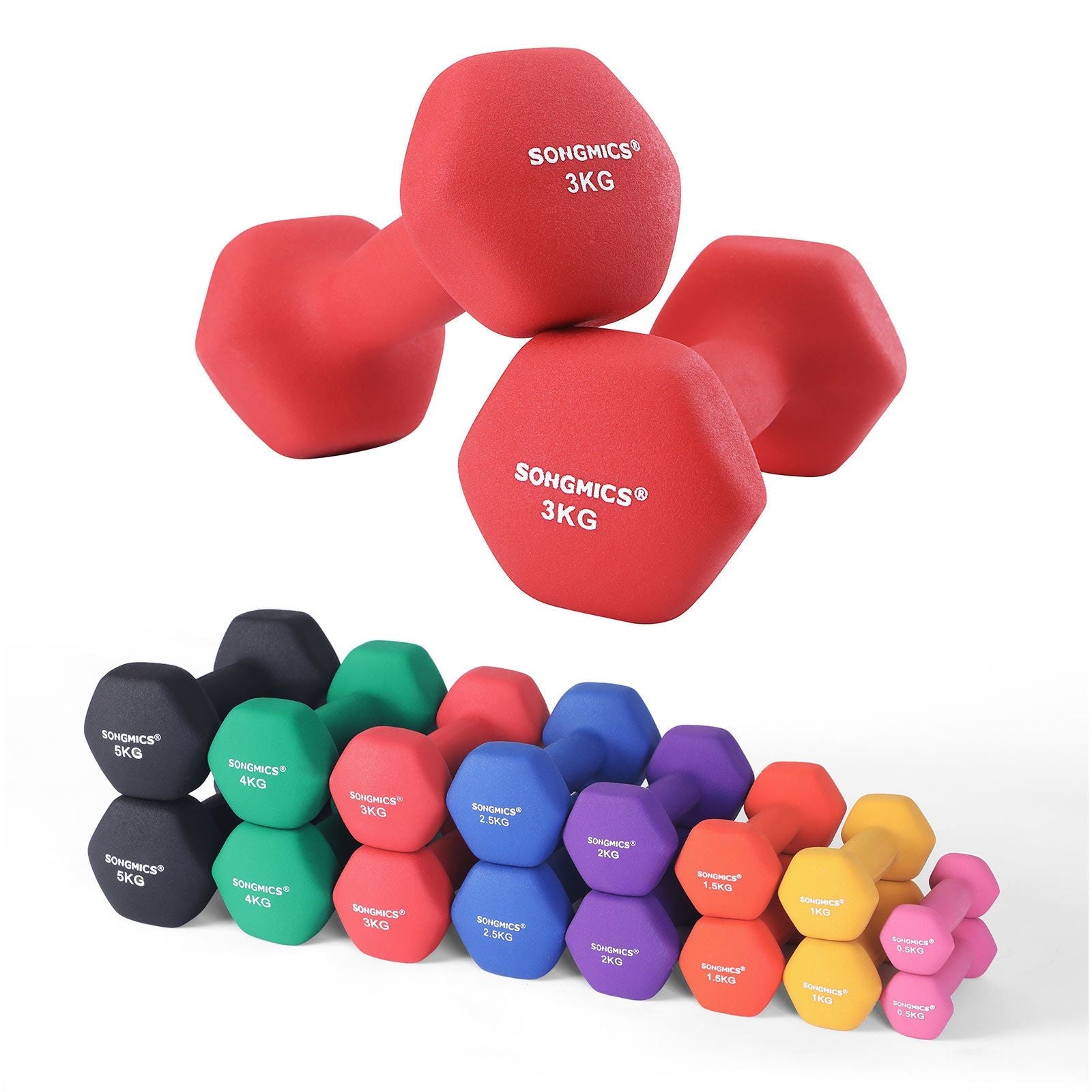 SONGMICS 2 db-os súlyzókészlet, 2 x 3 kg csúszásmentes neoprén bevonatú kézi súlyzó matt felülettel, otthoni edzés, fitnesz gyakorlat, piros