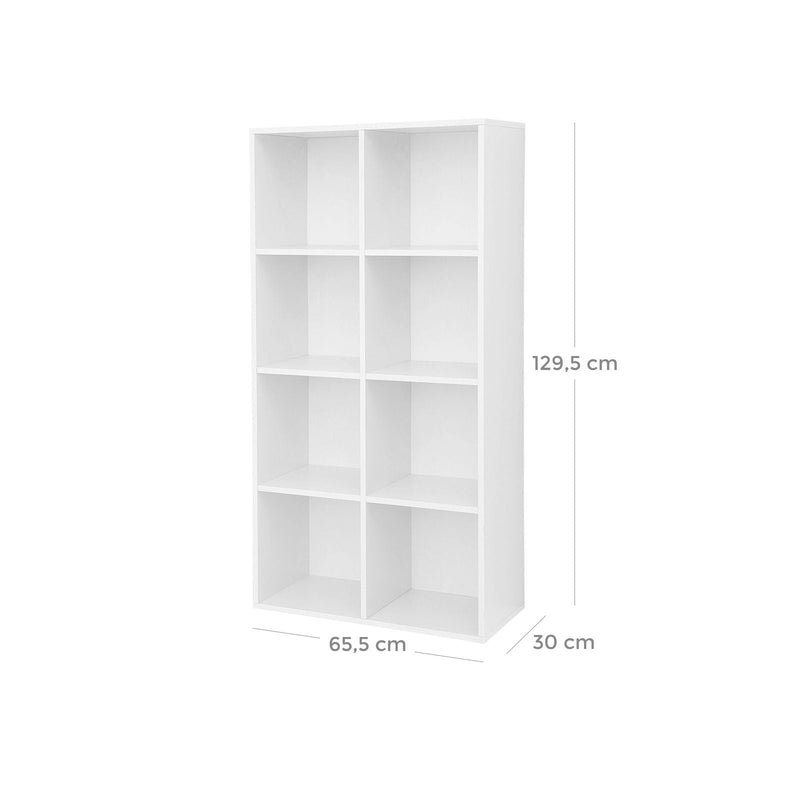 8 kockás tároló könyvespolc, fa könyvespolc és vitrines polc, önálló egység iroda, nappali, hálószoba, fehér, 65,5 x 30 x 129,5 cm, VASAGLE