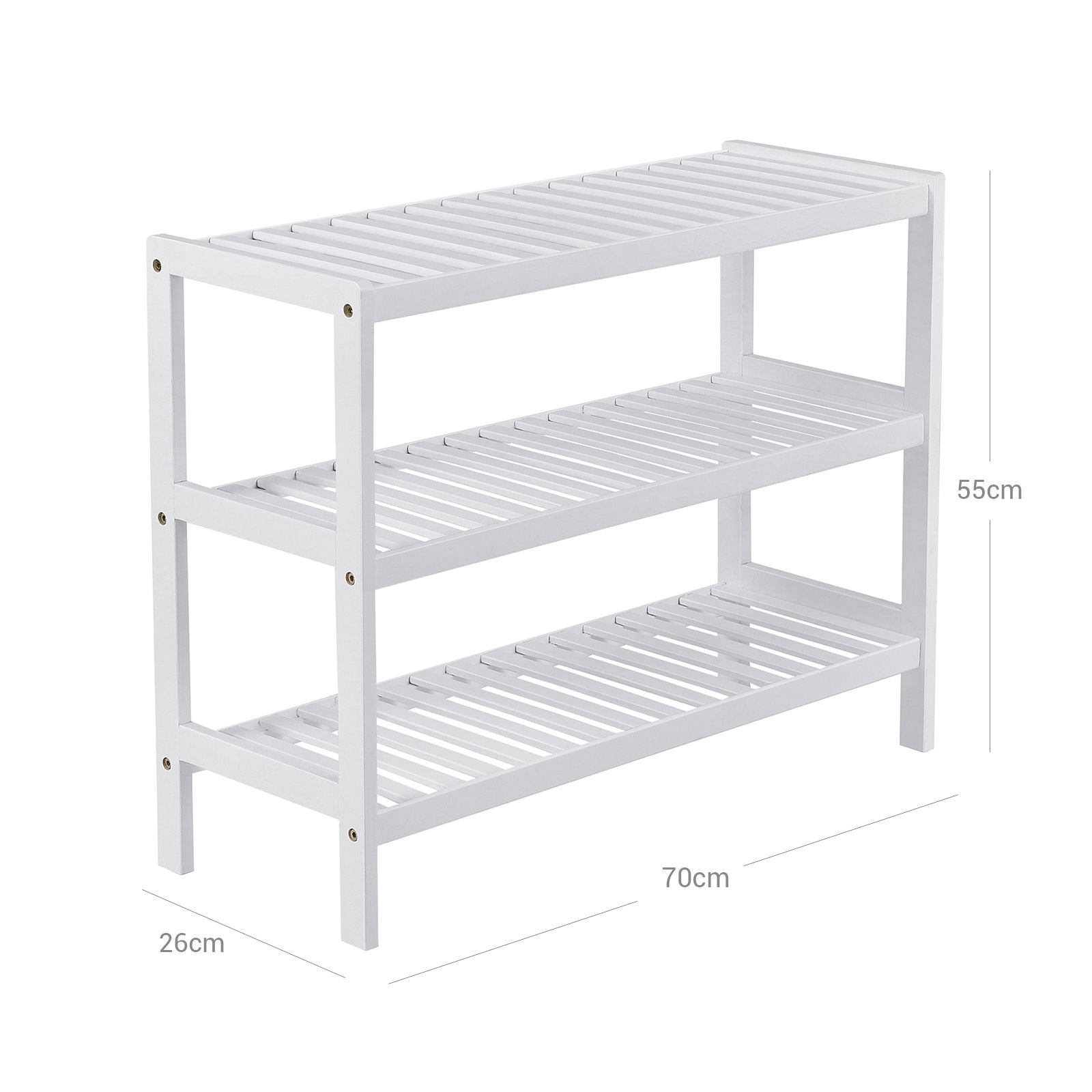 SONGMICS Bambusz Cipőtartó, 3 Szintes Tárolópolc, 70 x 26 x 55 cm, Ideális Bejárathoz, Fürdőszobához, Nappalihoz és Folyosóhoz, Fehér