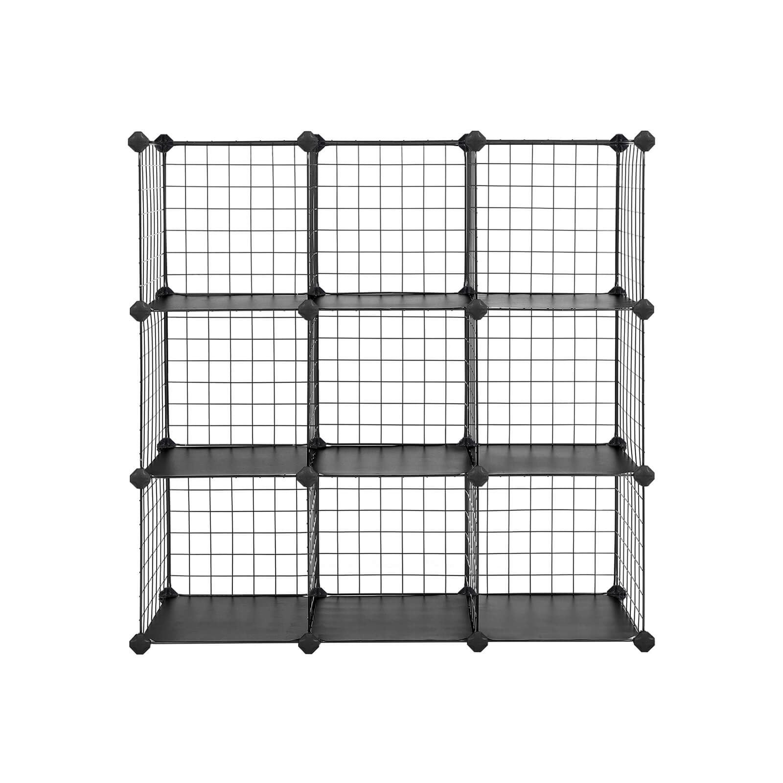 SONGMICS 9-Kockás Fém Drótos Tároló Polc, Egymásba Illeszthető Polc Egység Fém Drótos Polcokkal, PP Műanyag Lapok Könyvekhez, Cipőkhöz, Játékokhoz, Ruhákhoz, Szerszámokhoz, Nappaliban, 93 x 31 x 93 cm, Fekete