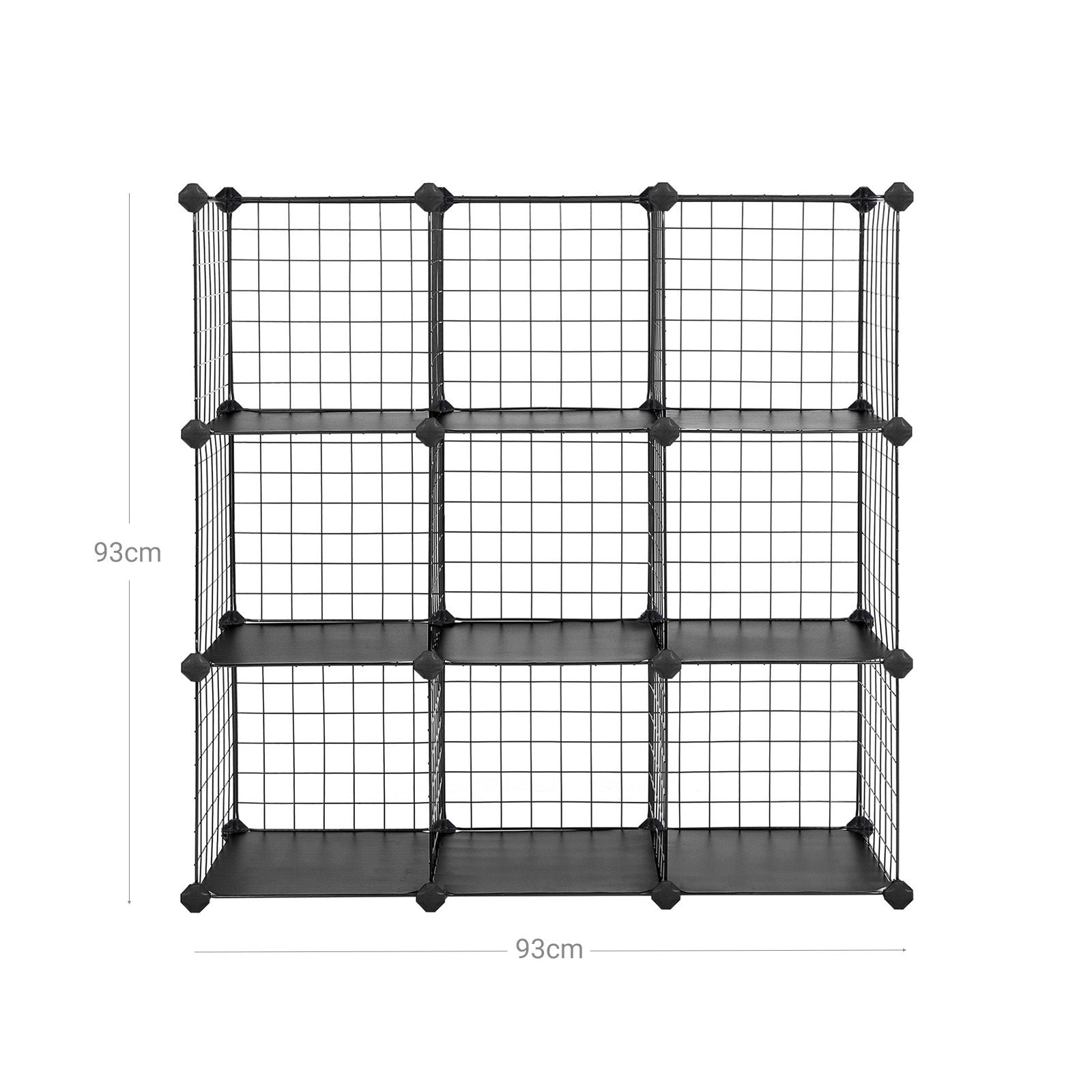 SONGMICS 9-Kockás Fém Drótos Tároló Polc, Egymásba Illeszthető Polc Egység Fém Drótos Polcokkal, PP Műanyag Lapok Könyvekhez, Cipőkhöz, Játékokhoz, Ruhákhoz, Szerszámokhoz, Nappaliban, 93 x 31 x 93 cm, Fekete