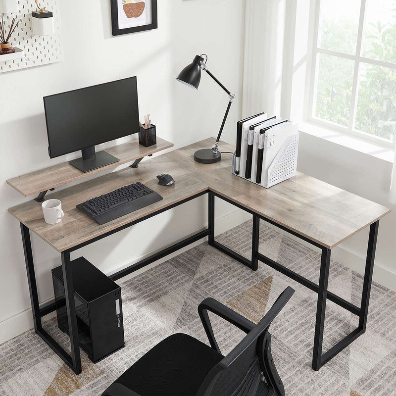 VASAGLE Számítógépasztal, L-alakú Íróasztal Monitorállvánnyal, Otthoni irodai tanuláshoz és játékhoz, Helytakarékos, Egyszerű összeszerelés, Greige és Fekete