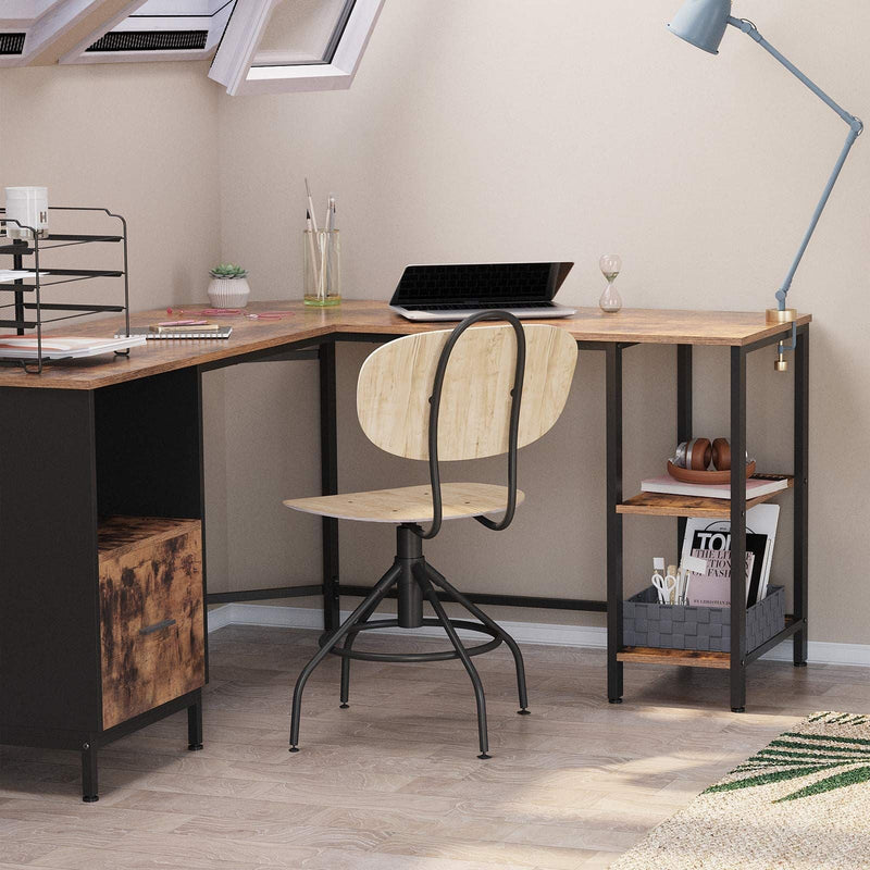 VASAGLE Sarok íróasztal, L-alakú Számítógépasztal, Irodai asztal szekrény és mappatartóval, 2 polccal, Otthoni iroda, Helytakarékos, Egyszerű összeszerelés, Ipari stílus, Rustikus barna és fekete