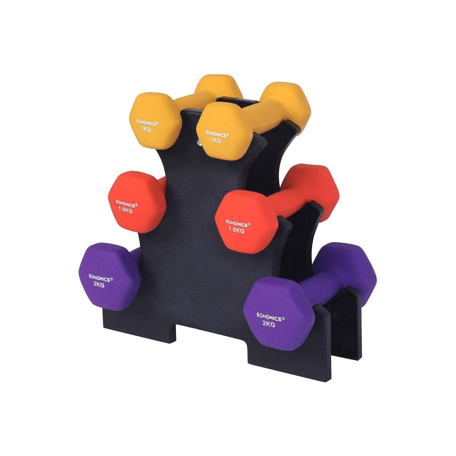 SONGMICS Hexa Súlyzók Készlet Állvánnyal - 2 x 1 kg, 2 x 1,5 kg, 2 x 2 kg, Kézi Súlyok Neoprene Matt Kivitelben, Otthoni Edzéshez, Sárga, Narancssárga és Lila