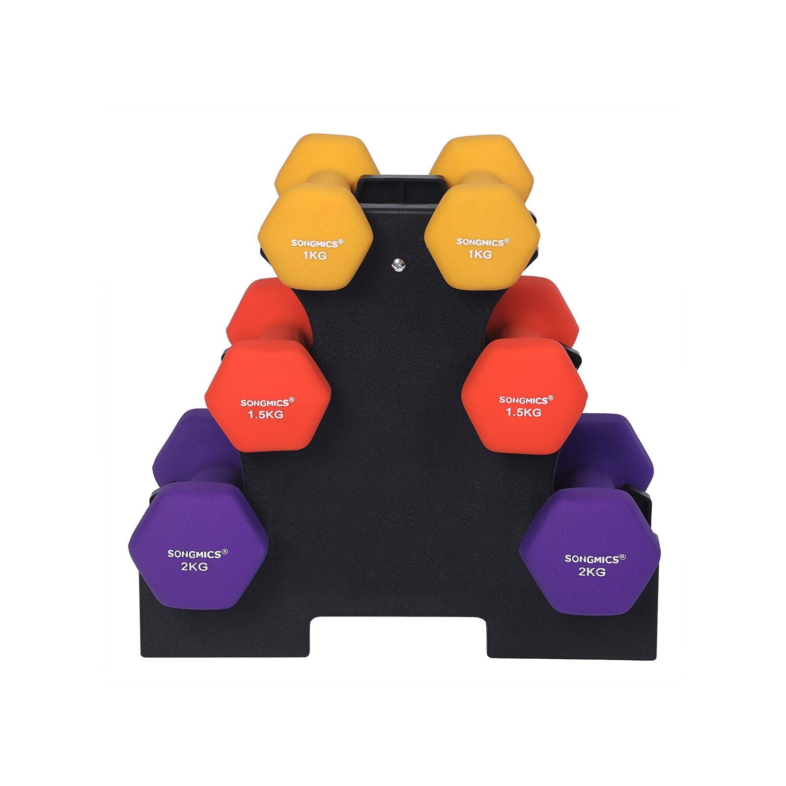 SONGMICS Hexa Súlyzók Készlet Állvánnyal - 2 x 1 kg, 2 x 1,5 kg, 2 x 2 kg, Kézi Súlyok Neoprene Matt Kivitelben, Otthoni Edzéshez, Sárga, Narancssárga és Lila
