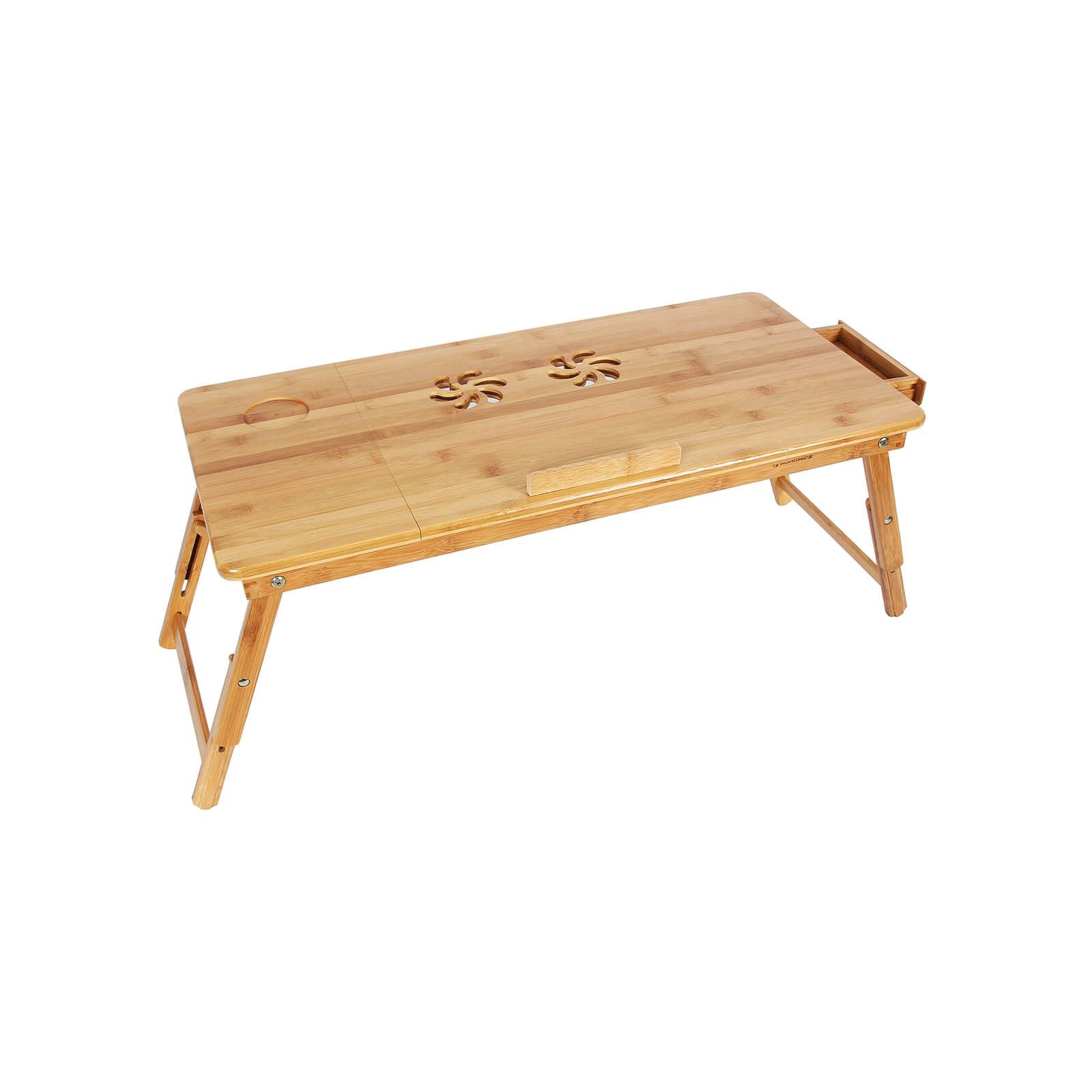 SONGMICS Bambusz Laptop Asztal, Összecsukható Asztal, Balkezeseknek, Jobbkezeseknek, Magasságállítható Kanapé Tálca, 72 x (21-29) x 35 cm (Sz x Ma x Mé), 5 Dőlésszög Állítással, Léglyukakkal, Kis Fiókkal