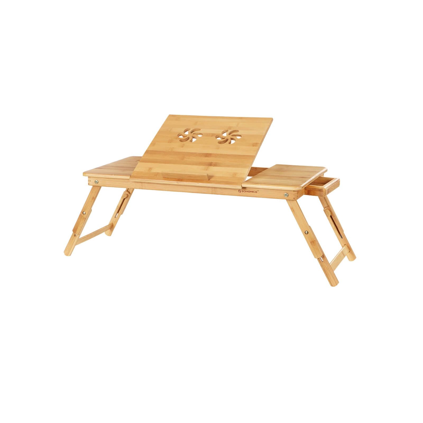 SONGMICS Bambusz Laptop Asztal, Összecsukható Asztal, Balkezeseknek, Jobbkezeseknek, Magasságállítható Kanapé Tálca, 72 x (21-29) x 35 cm (Sz x Ma x Mé), 5 Dőlésszög Állítással, Léglyukakkal, Kis Fiókkal