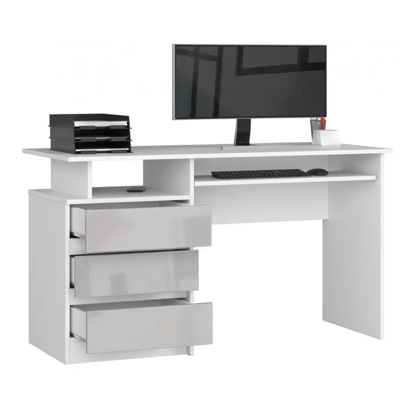 Számítógép íróasztal 3 fiókkal és billentyűzettartóval 77 x 60 x 135 cm fehér, fényes szürke