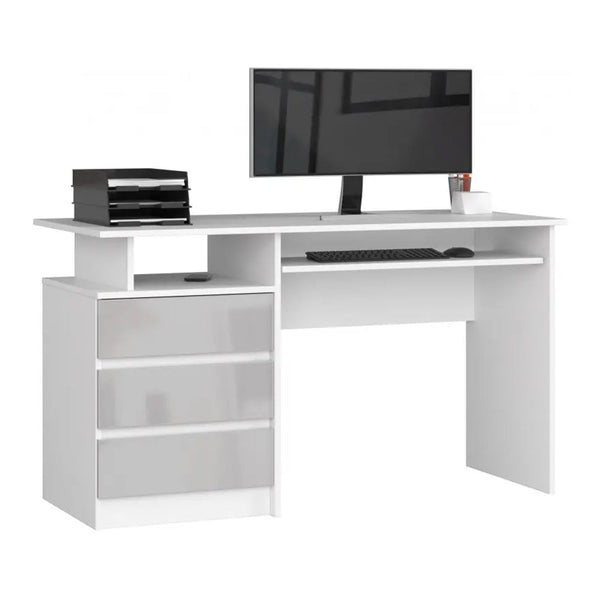 Számítógép íróasztal 3 fiókkal és billentyűzettartóval 77 x 60 x 135 cm fehér, fényes szürke