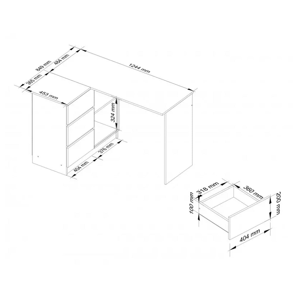 Számítógépasztal sarokra balos 3 fiókkalkal 2 polccalcal 124 x 77 x 85 cm fehér szürke