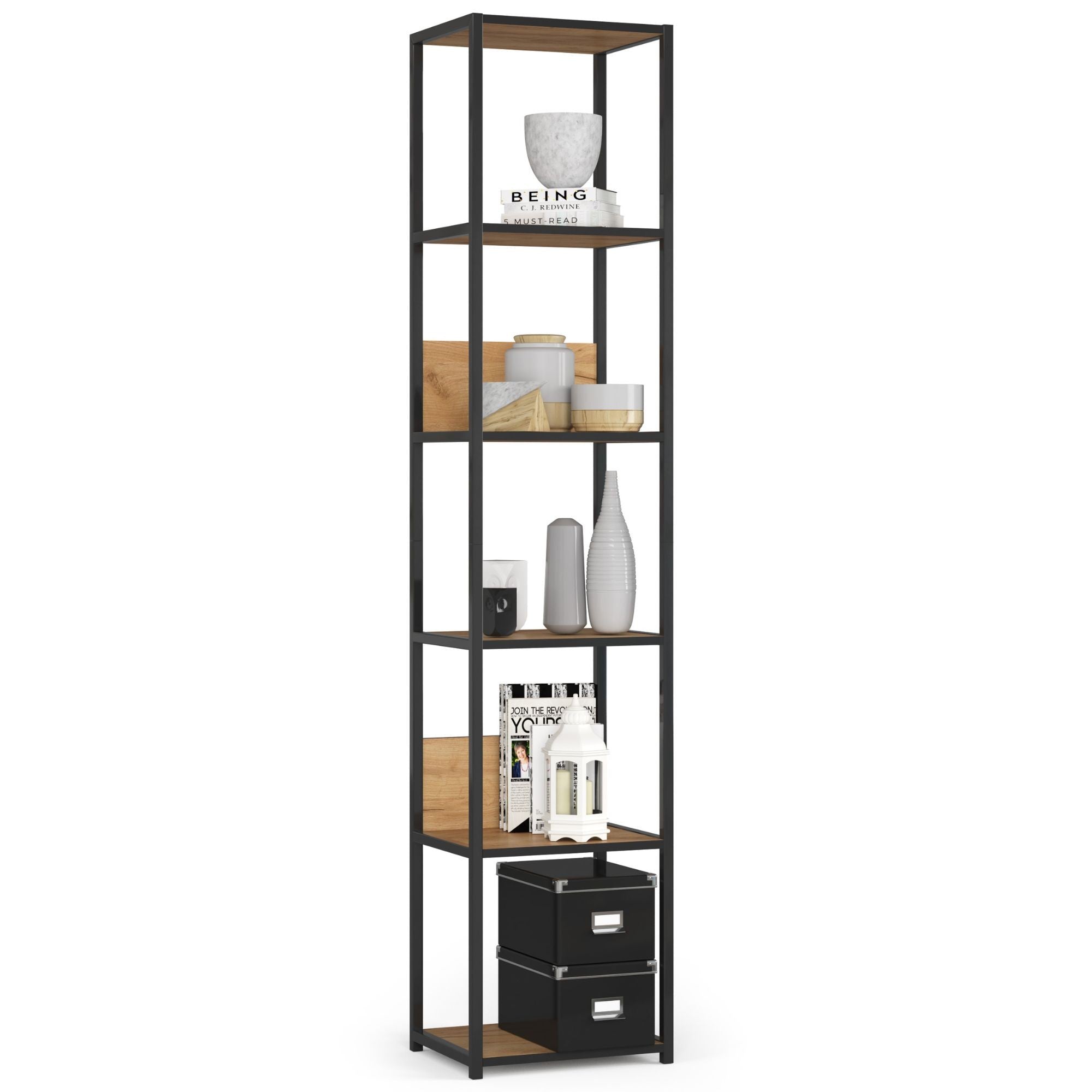 Fém polc Loft 400, 6 polccal, fekete - kézműves tölgy, 192 x 40 x 32 cm