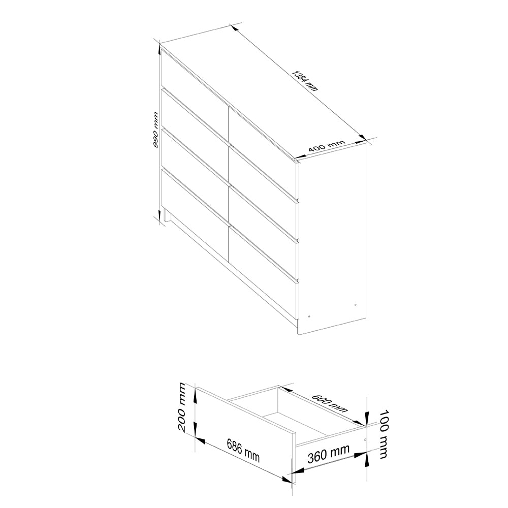 Komód 8 fiókkal 138 x 99 x 40 cm fehér fényes