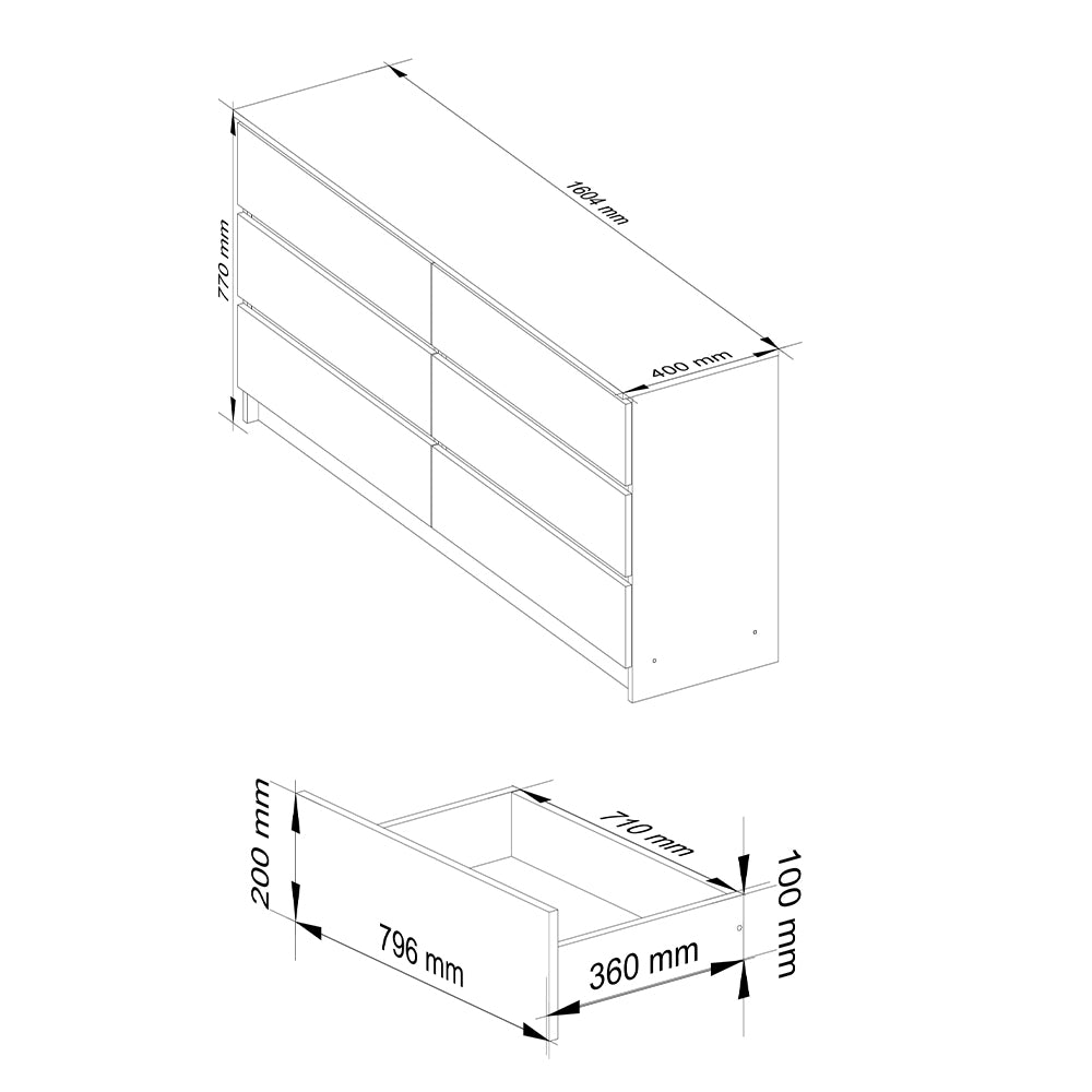 Komód 6 fiókkal 160 x 40 x 77 cm fényes fehér