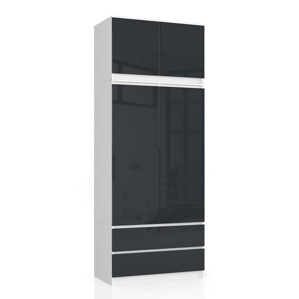 Ruhás szekrény bővítéssel 4 ajtóval 2 fiókkal 90 x 234 x 51 cm fehér fényes fekete
