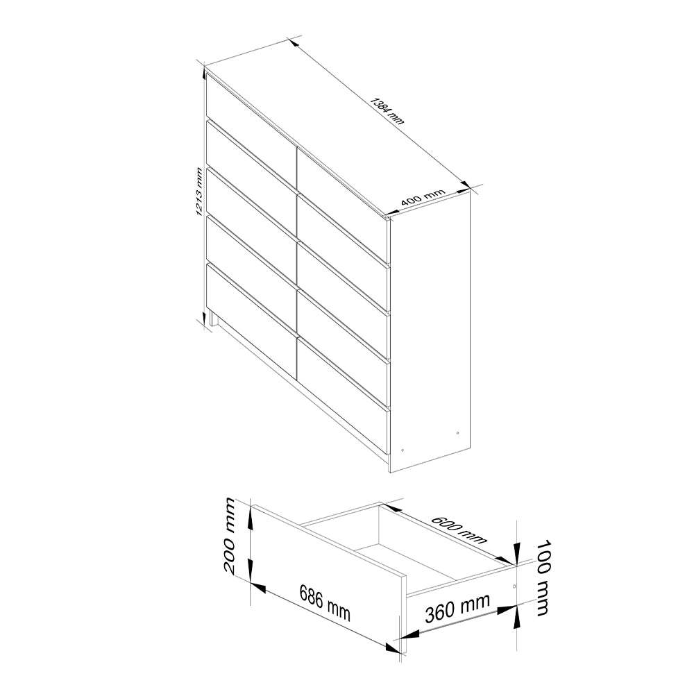 Komód 10 fiókkal 120 x 121 x 40 cm fényes fehér