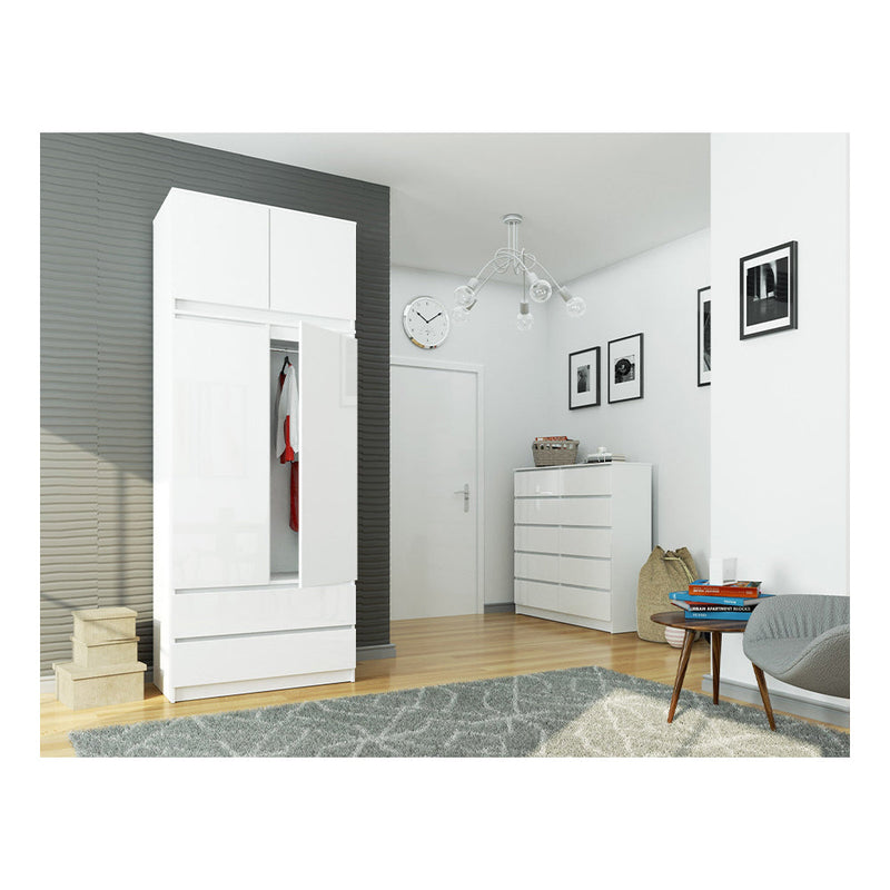 Ruhás szekrény bővítéssel 4 ajtóval 2 fiókkal 90 x 234 x 51 cm fehér, fényes fehér