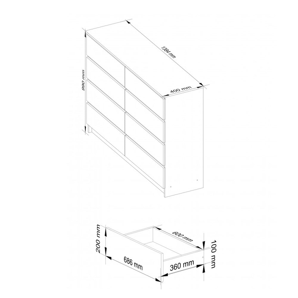 Komód 8 fiókkal 138 x 40 x 99 cm fehér sonoma