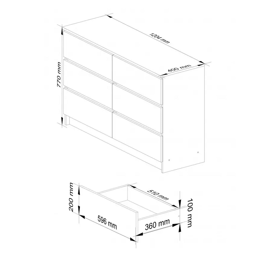 Komód 6 fiókkal 120 x 77 x 40 cm fehér fényes