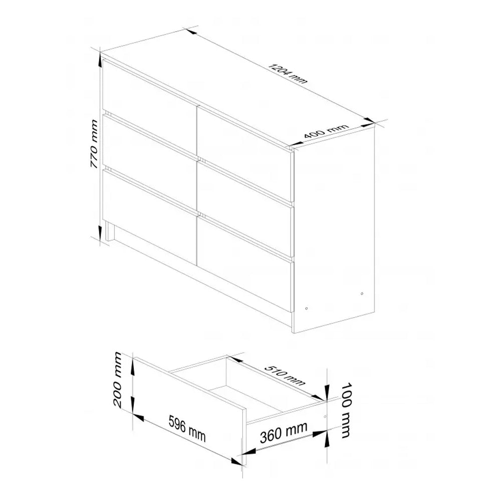 Komód 6 fiókos 120 x 77 x 40 cm fehér