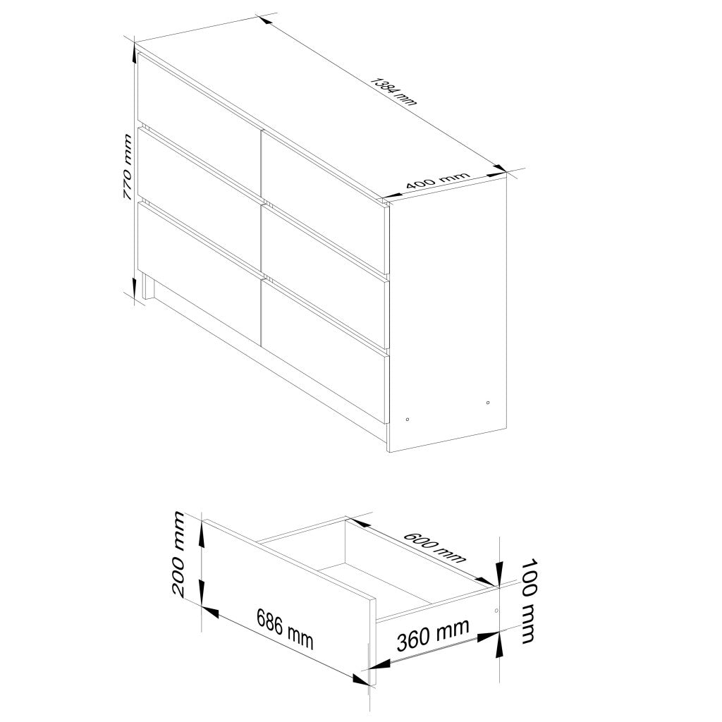 Fehér komód k140 6 fiókkal 138 x 77 x 40 cm