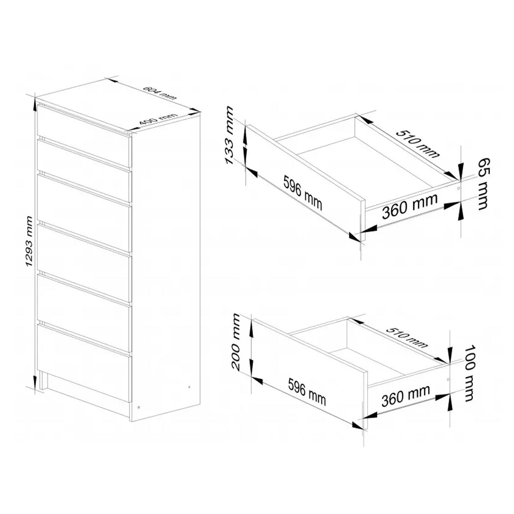 Komód 6 fiókkal 60 x 130 x 40 cm fényes fehér