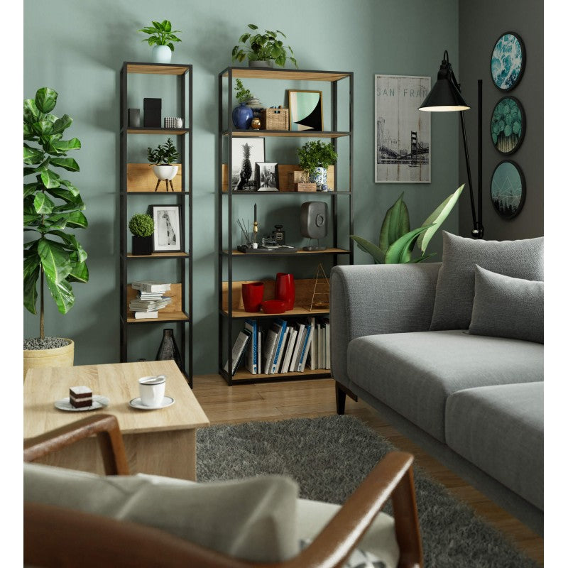 Fém polc Loft 400, 6 polccal, fekete - kézműves tölgy, 192 x 40 x 32 cm