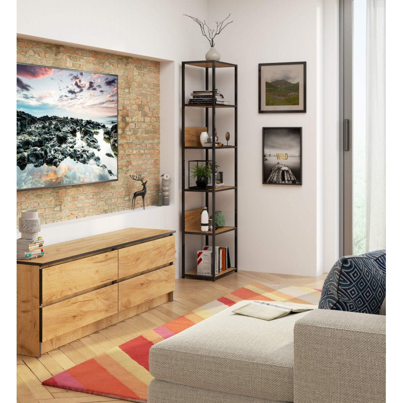 Fém polc Loft 500, 6 polccal, fekete - kézműves tölgy, 192 x 50 x 32 cm
