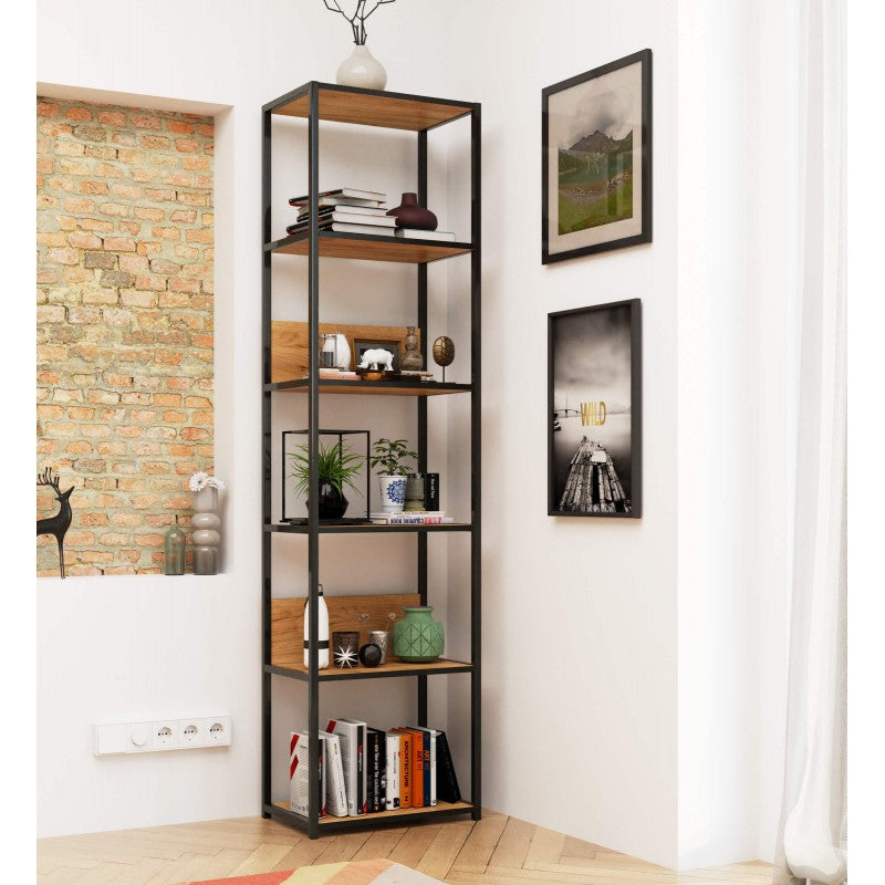 Fém polc Loft 500, 6 polccal, fekete - kézműves tölgy, 192 x 50 x 32 cm
