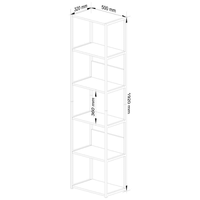 Fém polc Loft 500, 6 polccal, fekete - kézműves tölgy, 192 x 50 x 32 cm