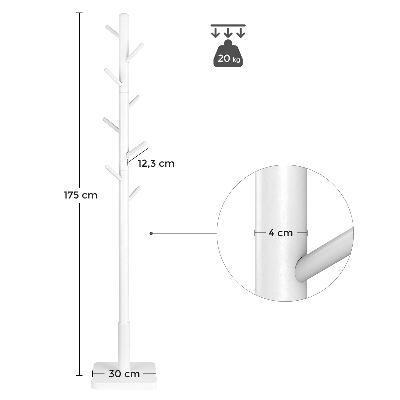 Vasagle álló fogas tömör fából 8 kampóval 175 cm fehér