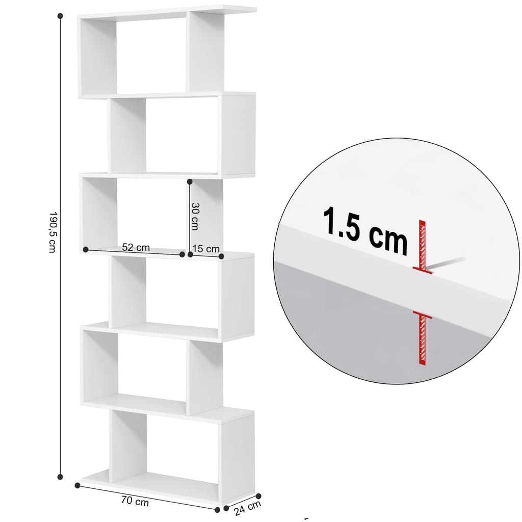 Könyvespolc 6 polccal 70 x 24 x 190,5 cm fehér