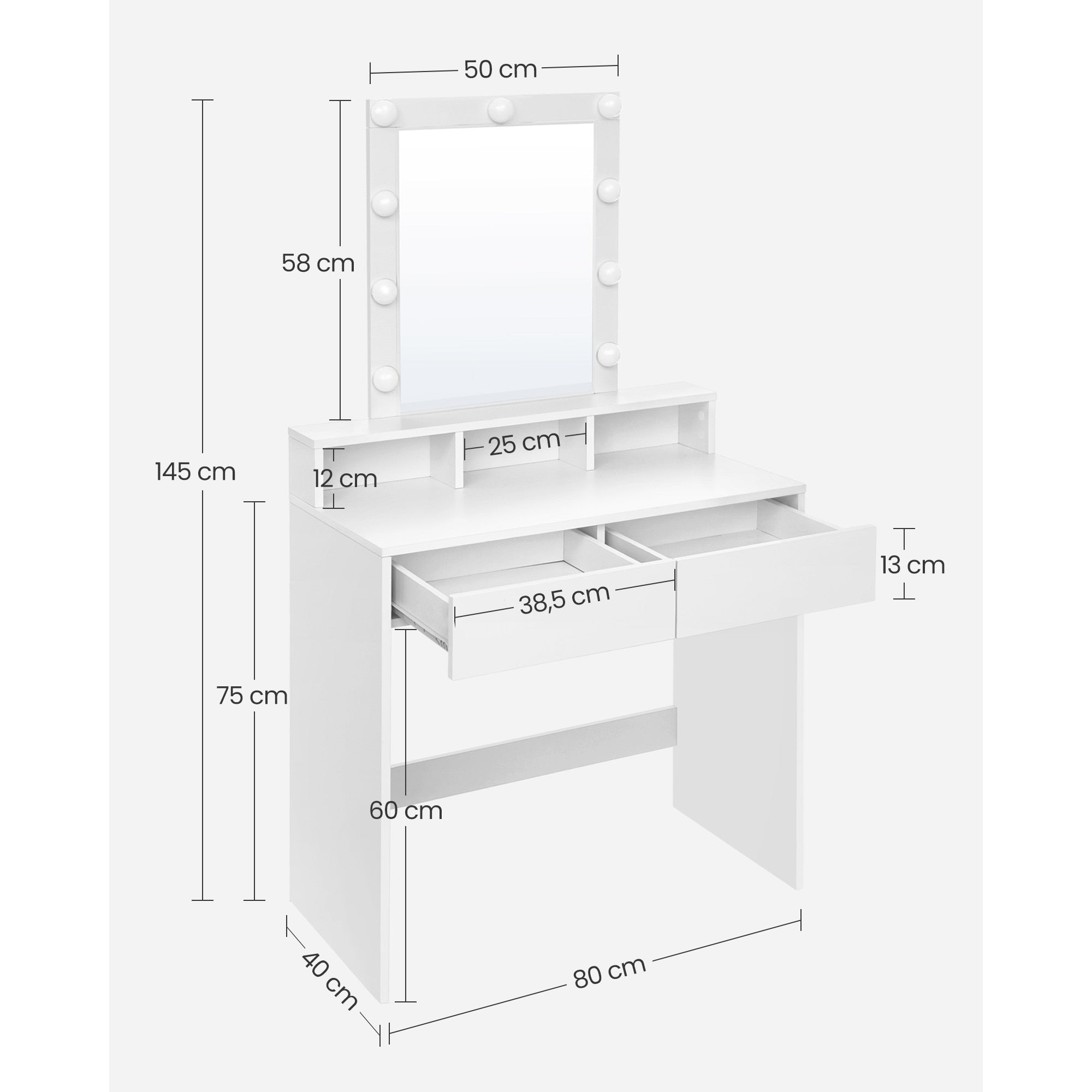 Vasagle sminkasztal tükörrel és lámpákkal, 2 fiókkal és 3 tárolórekesszel 80 x 40 x 145 cm fehér