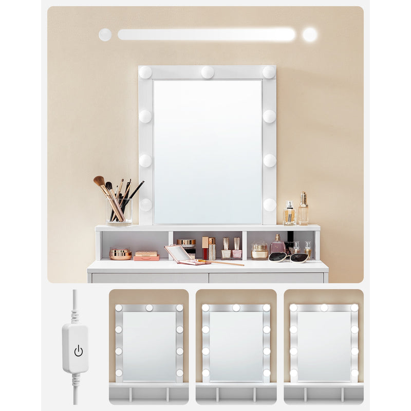 Vasagle sminkasztal tükörrel és lámpákkal, 2 fiókkal és 3 tárolórekesszel 80 x 40 x 145 cm fehér