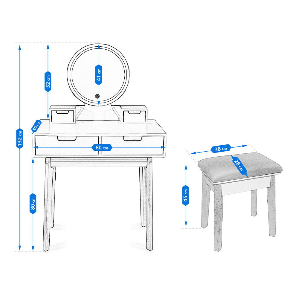 Sminkasztal LED-es kerek tükörrel és székkel fehér fa