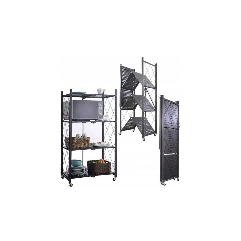 Összecsukható fekete fém polc rendszer 4 polc 127 x 72 x 34 cm