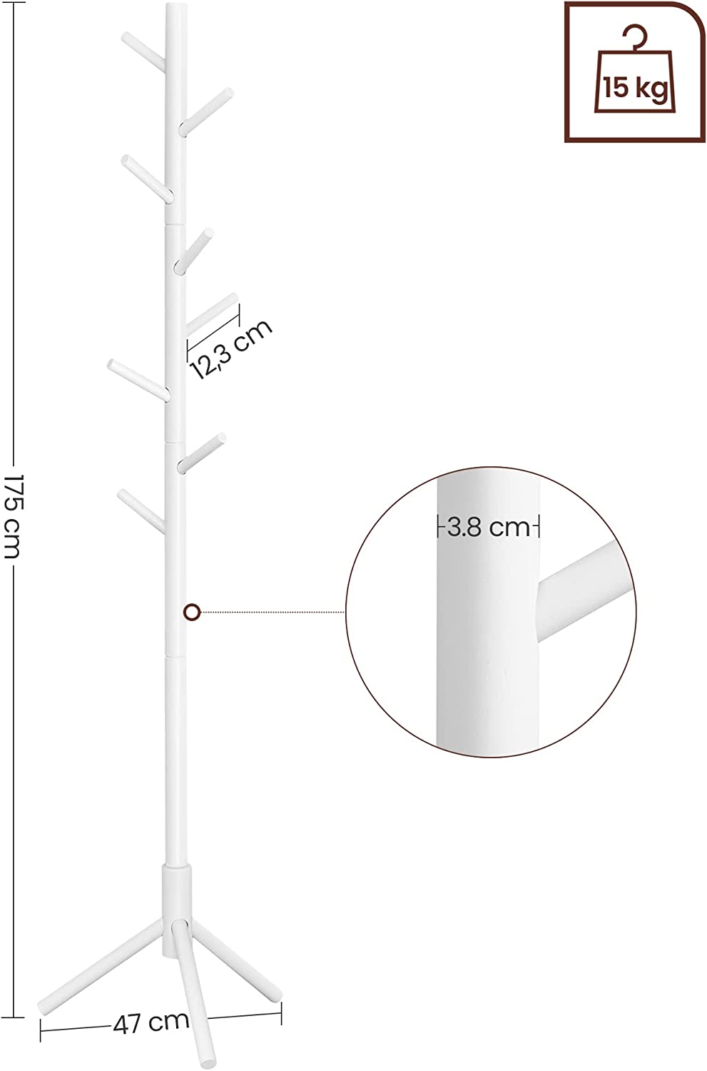 Tömör fa álló fogas 175 cm fehér