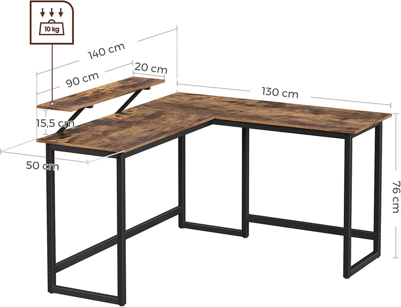Sarok számítógépes asztal fém kerettel és barna tömörfa lappal 140 x 130 x 76 cm