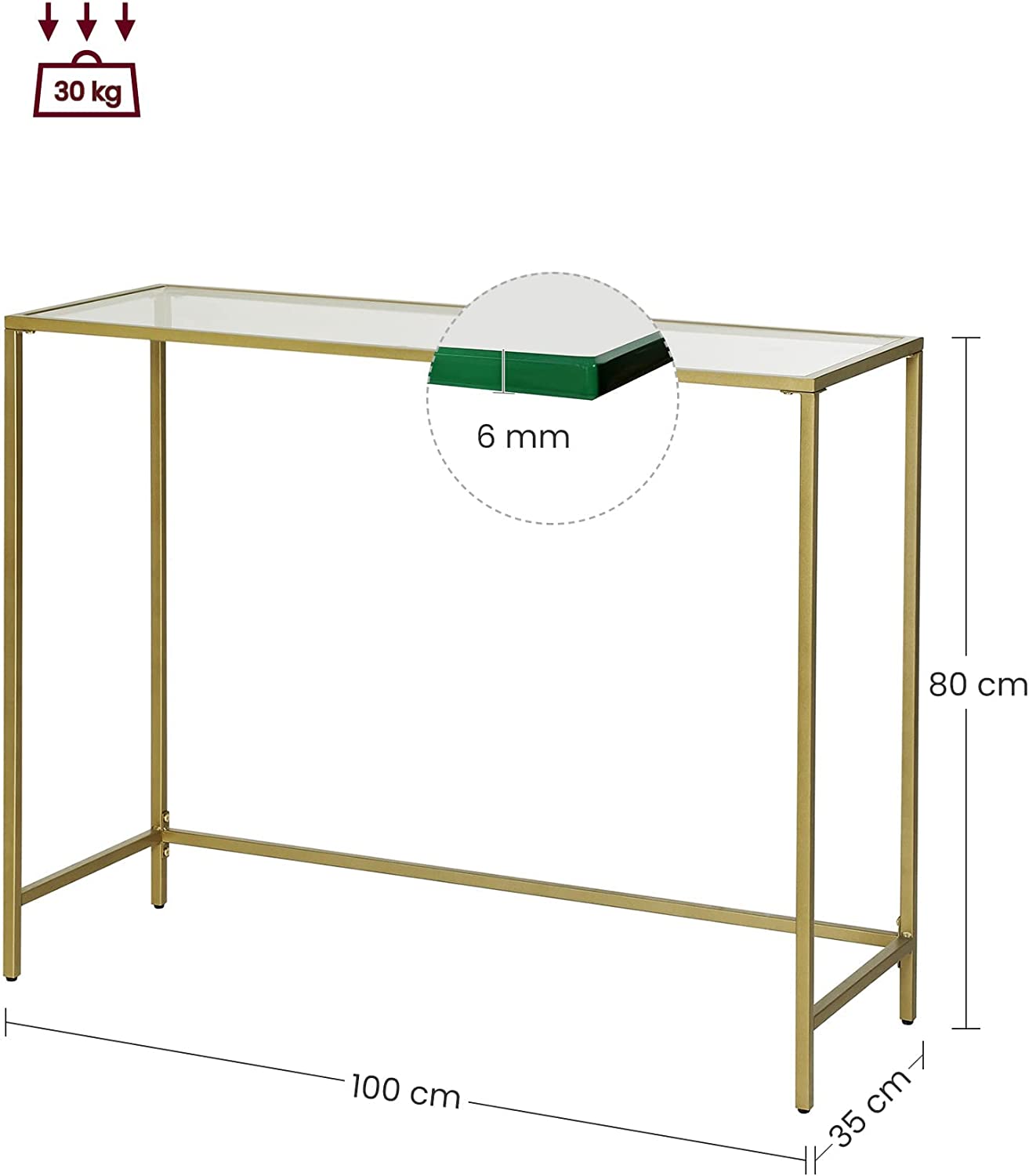 Konzolasztal fém kerettel és biztonsági üveggel 35 x 100 x 80 cm gold arany