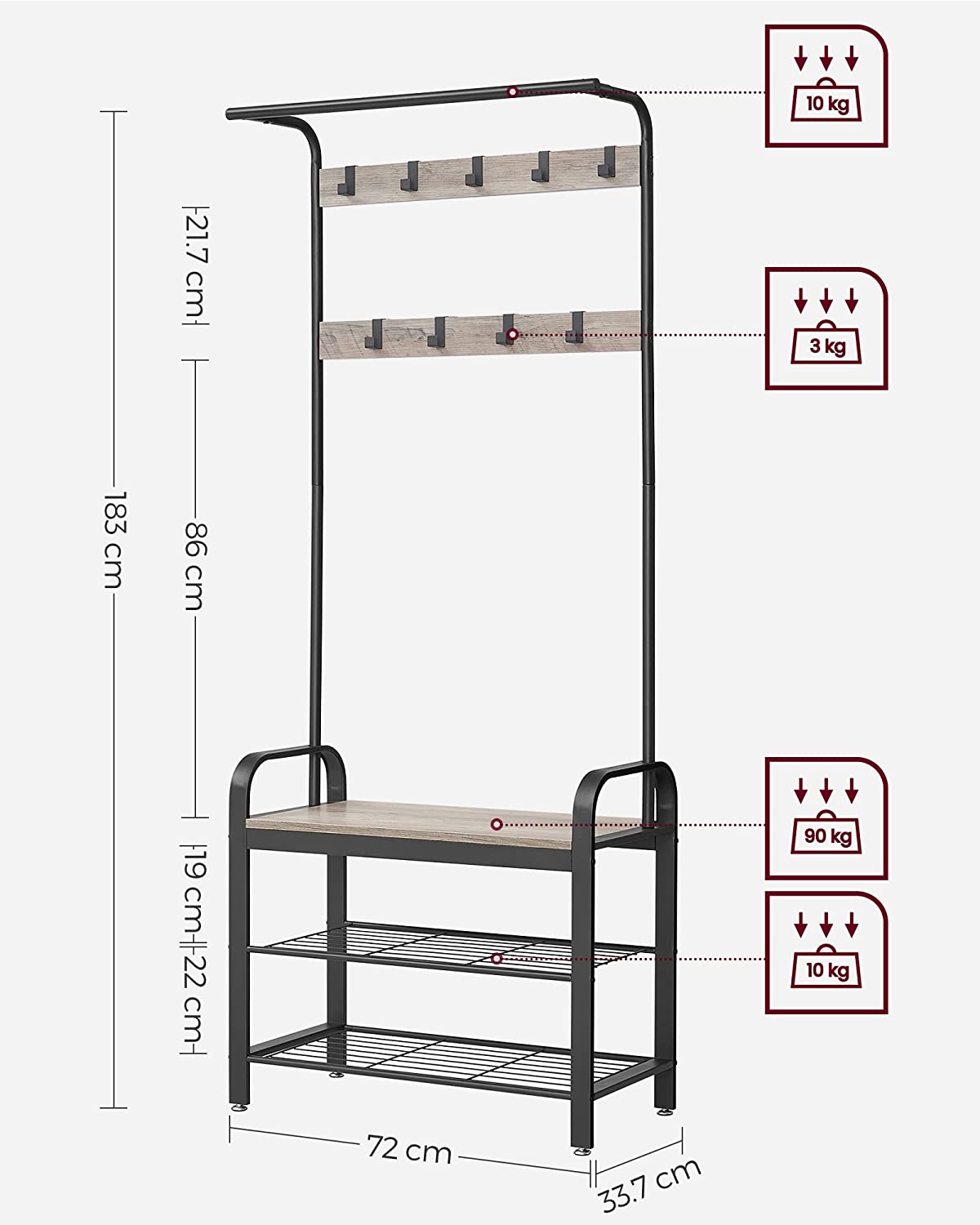 Vasagle fémvázas fogas paddal és cipőtartóval 33,7 x 72 x 183 cm