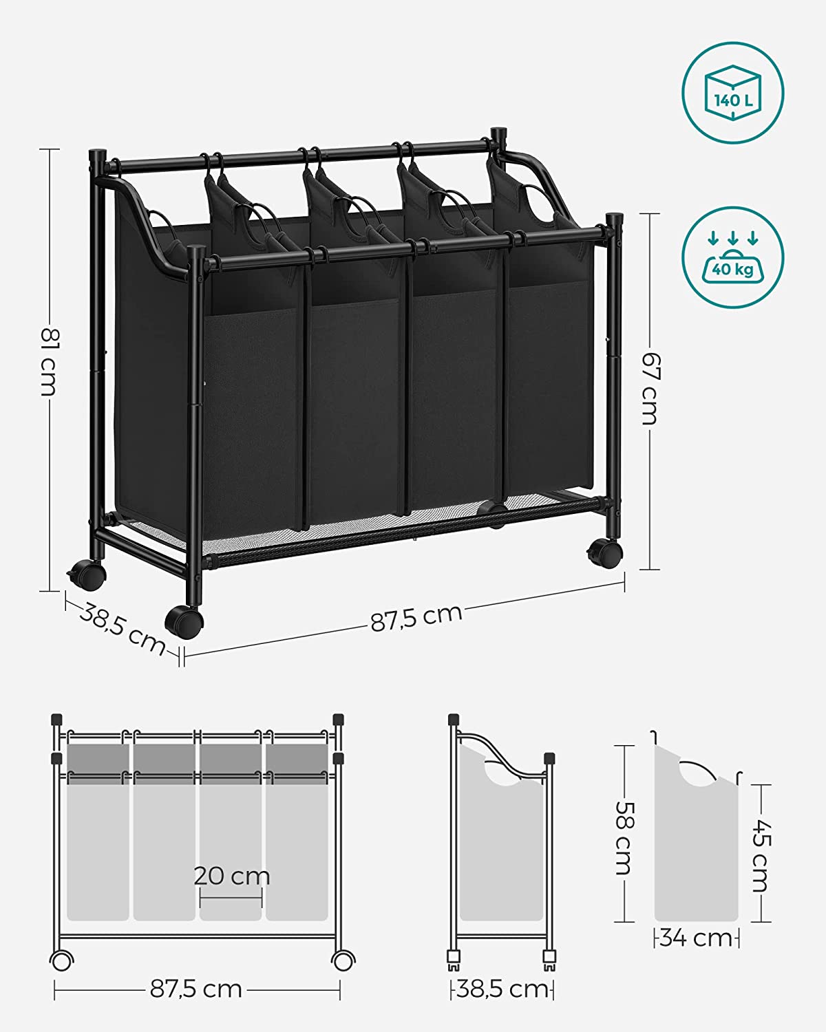 Szennyestartó kosár 4 rekesszel 4 x 35L, fekete