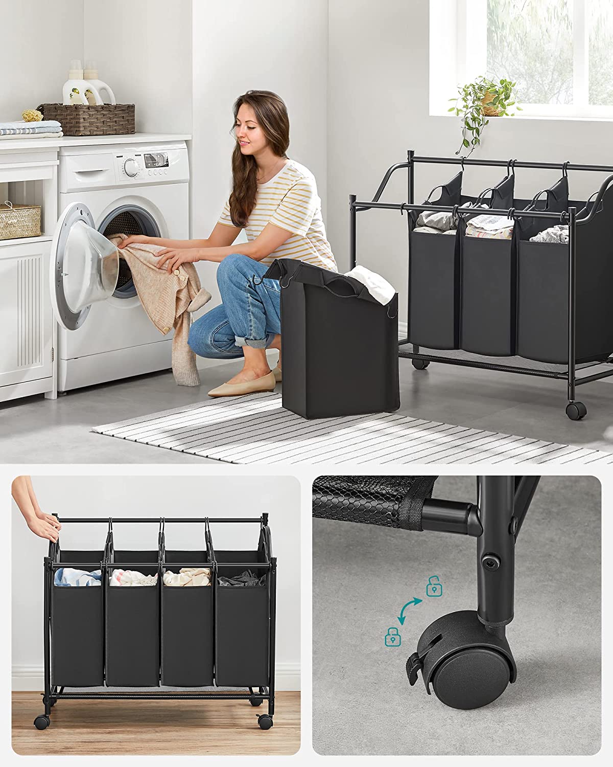Szennyestartó kosár 4 rekesszel 4 x 35L, fekete