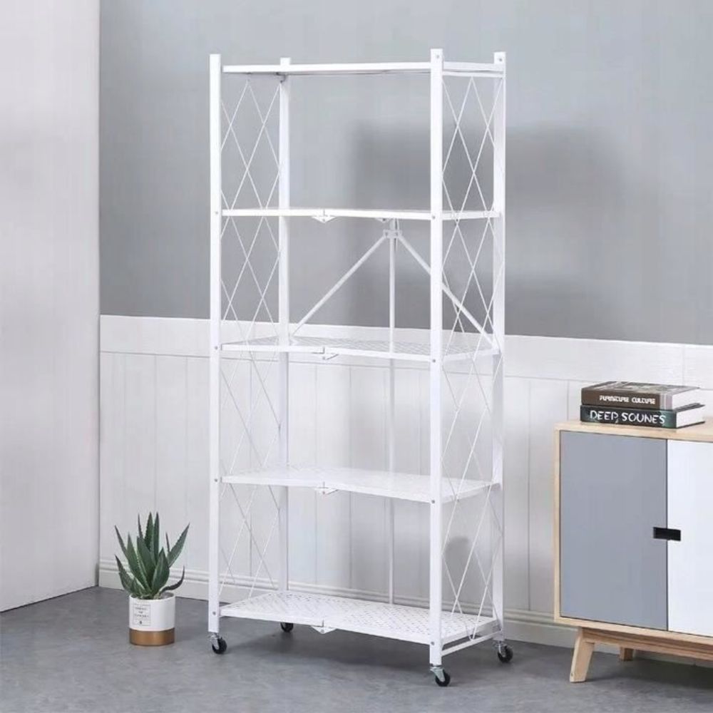 Fém összecsukható polcrendszer fehér 5 polccal 163 x 72 x 34 cm